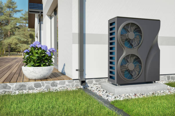 double size black heat pump stays beside a wall of a cottage 3d rendering